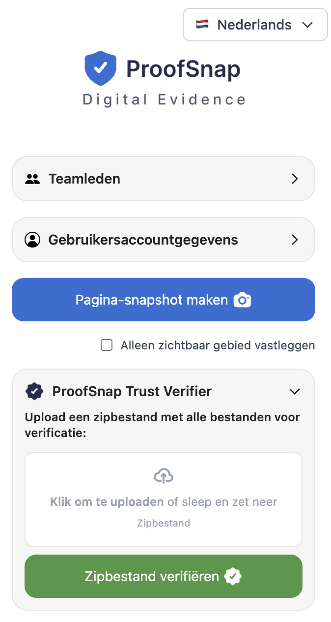 ProofSnap Chrome-extensie: webpagina vastleggen als rechtsgeldig bewijs met SHA-256 hash, digitale handtekening en blockchain-timestamp — eIDAS 2 conform