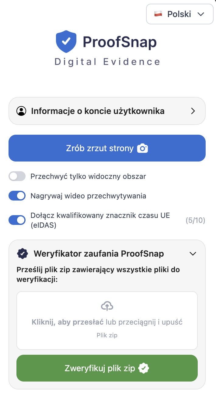 Rozszerzenie ProofSnap Chrome: Zabezpiecz stronę internetową jako dowód dopuszczalny w sądzie z hashem SHA-256, podpisem cyfrowym, znacznikiem czasu blockchain, certyfikatem pochodzenia z wykrywaniem deepfake, nagraniem wideo i kwalifikowanym znacznikiem czasu eIDAS