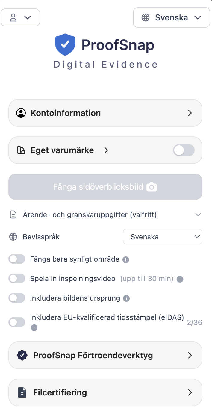 ProofSnap sidopanel i Chrome: säkra sidan, spela in video, lägg till en kvalificerad tidsstämpel och verifiera i Trust Verifier
