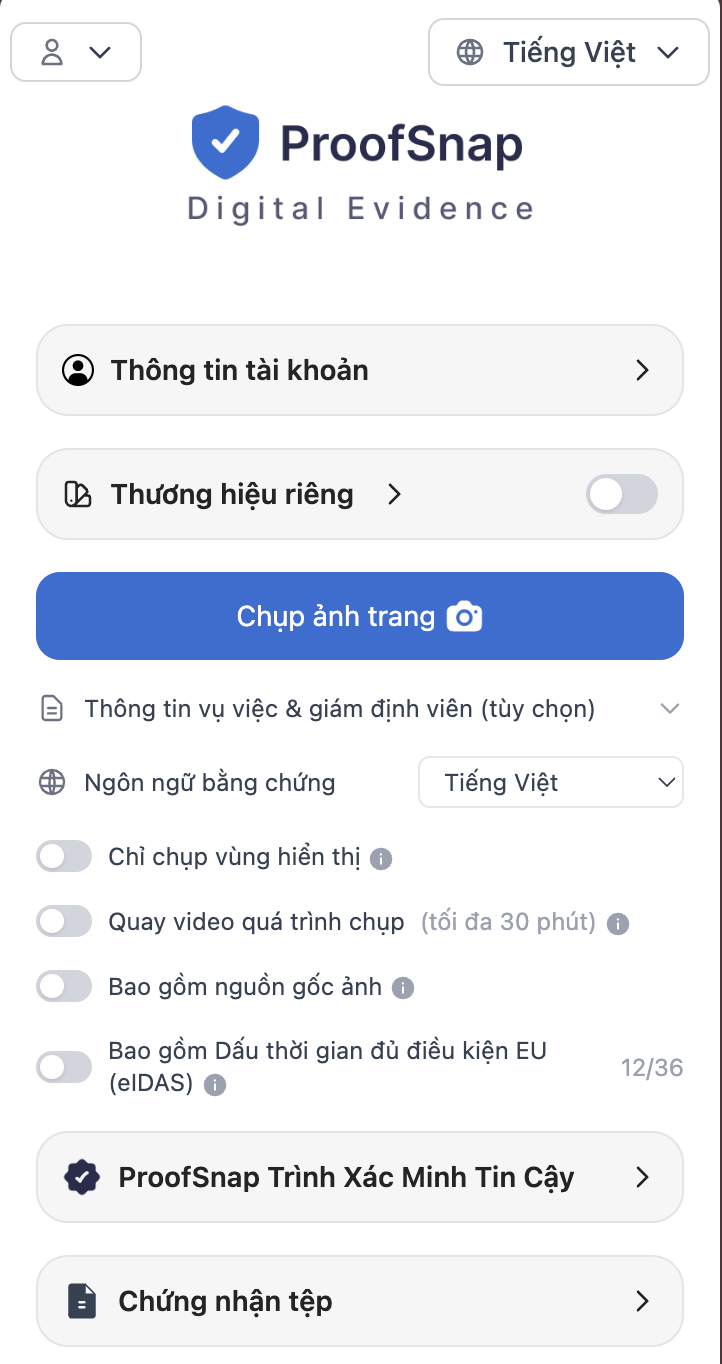 Bảng bên của tiện ích ProofSnap trên Chrome: lưu toàn trang, quay video, dấu thời gian blockchain và băm SHA-256, kiểm tra gói trong Trust Verifier