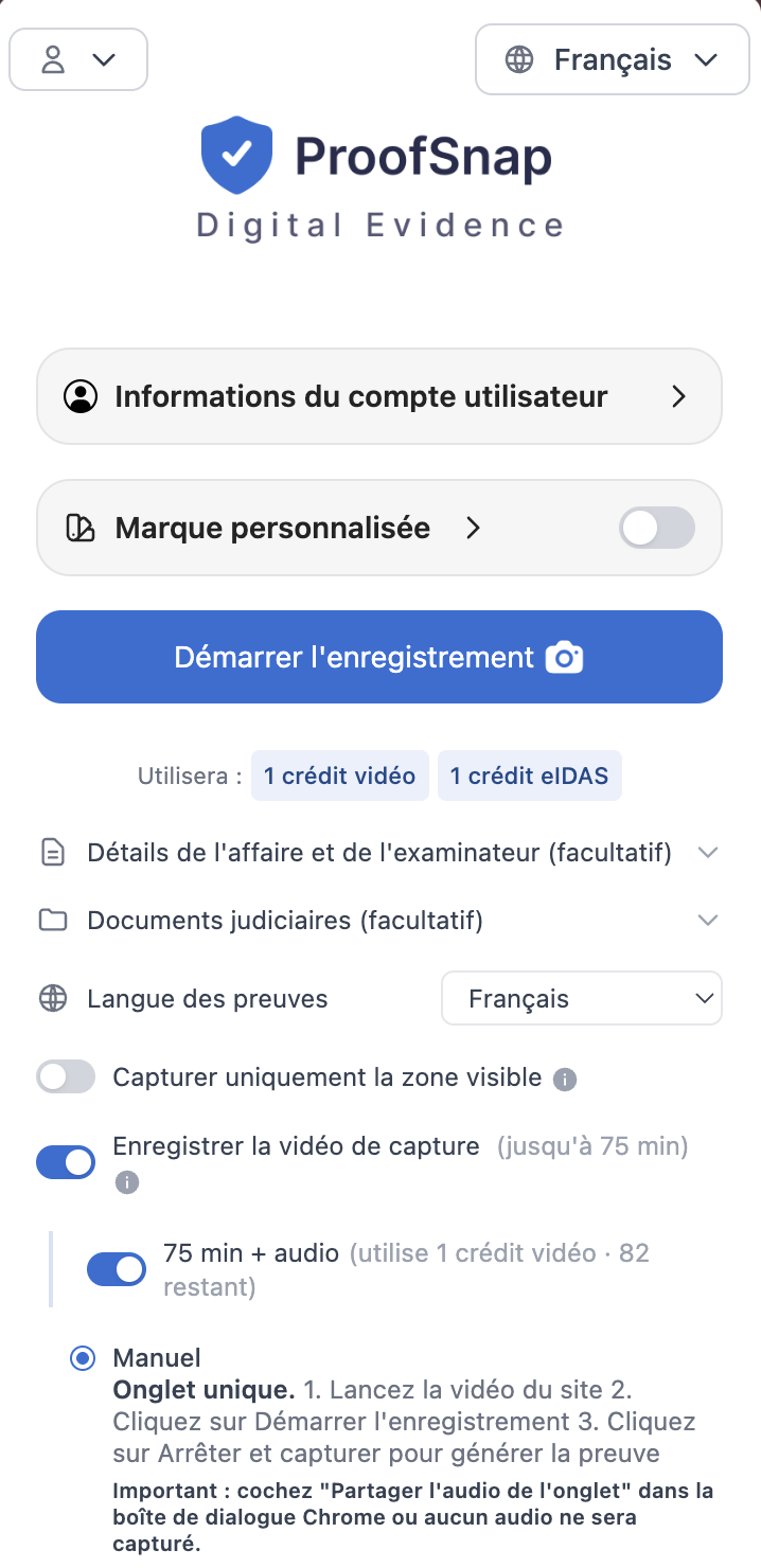 ProofSnap Video SnapPack pour audiences de garde d'enfants, capture vid&eacute;o TikTok, Instagram, Facebook Live ou YouTube de l'autre parent avec l'audio de l'onglet, empreinte SHA-256, ancrage blockchain OpenTimestamps et horodatage qualifi&eacute; eIDAS