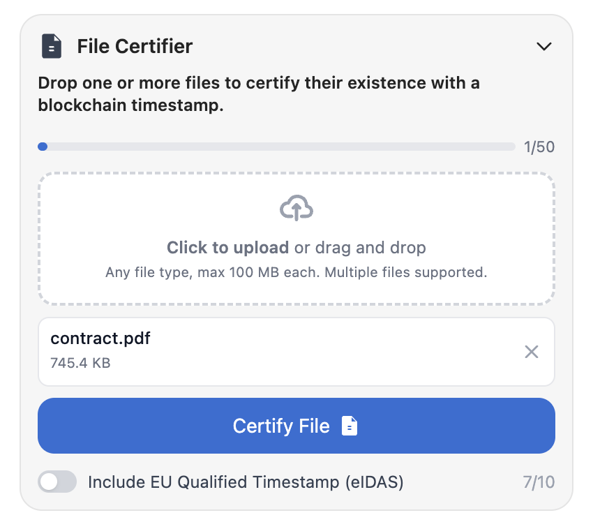 ProofSnap File Certifier panel: drop zone with contract.pdf added, EU Qualified Timestamp (eIDAS) toggle, Certify File button