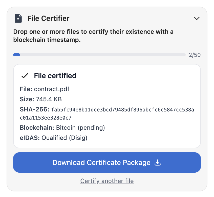 File certified: SHA-256 hash visible, Blockchain: Bitcoin (pending), eIDAS: Qualified (Disig), Download Certificate Package button