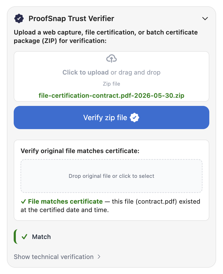 ProofSnap Trust Verifier: green 'File matches certificate — this file (contract.pdf) existed at the certified date and time', Match badge