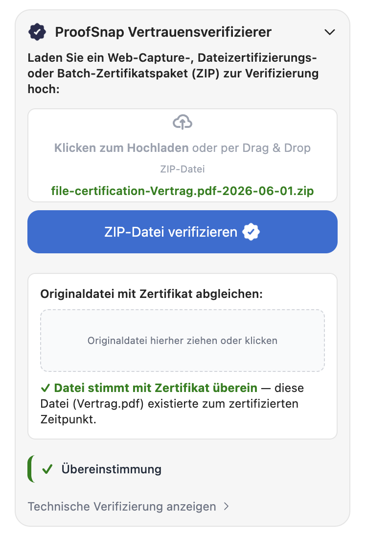 ProofSnap Trust Verifier — grünes "File matches certificate"-Match-Abzeichen