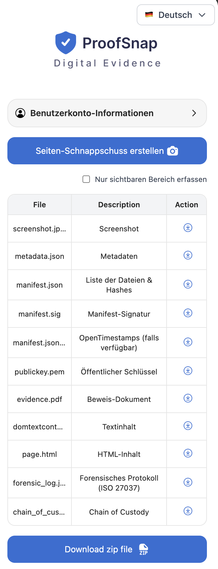 ProofSnap Beweispaket herunterladen: ZIP-Archiv mit SHA-256-Hash, digitaler Signatur und OpenTimestamps