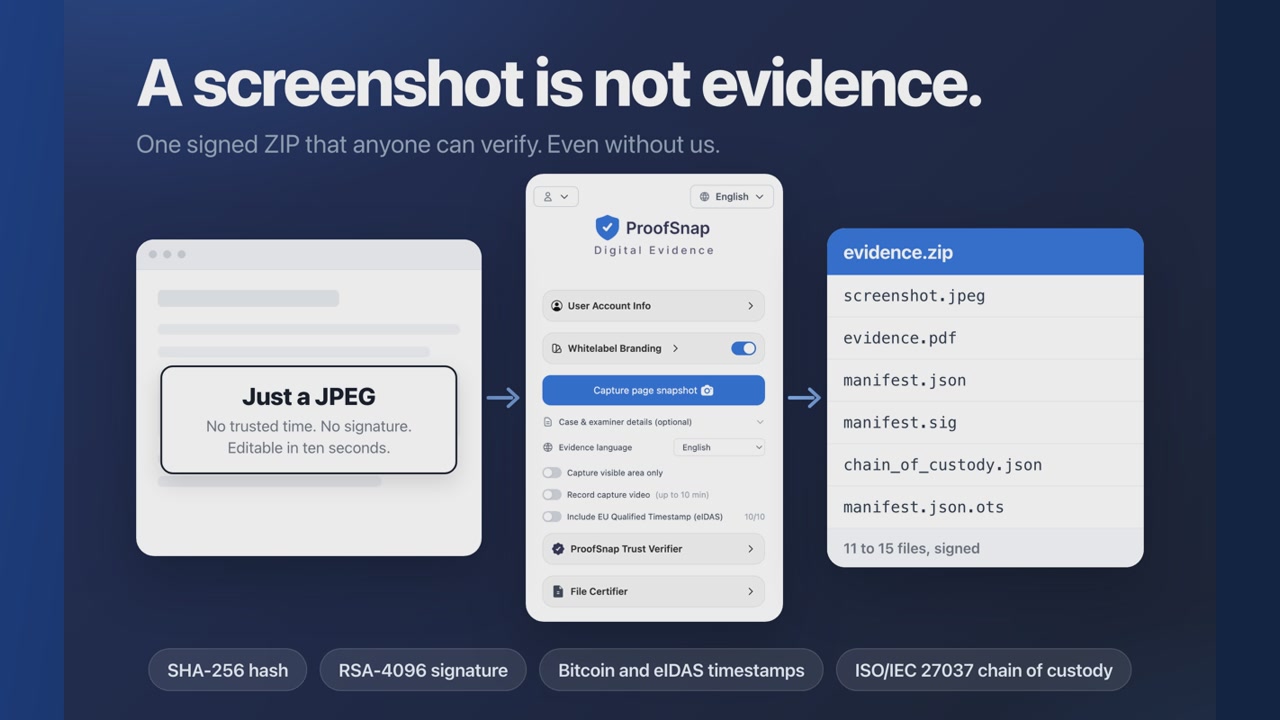 ProofSnap demo: a screenshot is not evidence, see what a signed capture contains